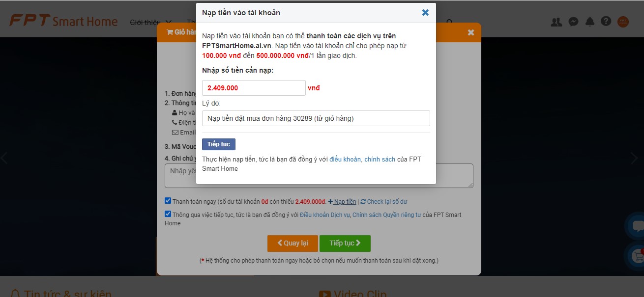 Nhập số tiền cần nạp vào ví trên FPT Smart Home để mua hàng