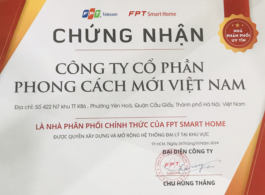 Chứng nhận nhà phân phối chính thức của FPT Smart Home